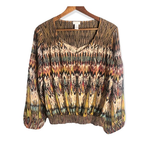 Chico's Brown Aztec Print Long Sleeve Blouse - Picture 1 of 5